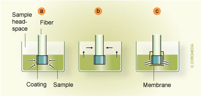 Fibre SPME modes: (a) direct extraction, (b) headspace SPME, 
(c) membrane-protected SPME