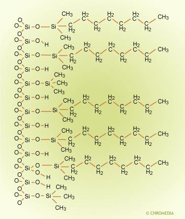 Silica based C-8 modified stationary phase with trimethylsilane endcapping